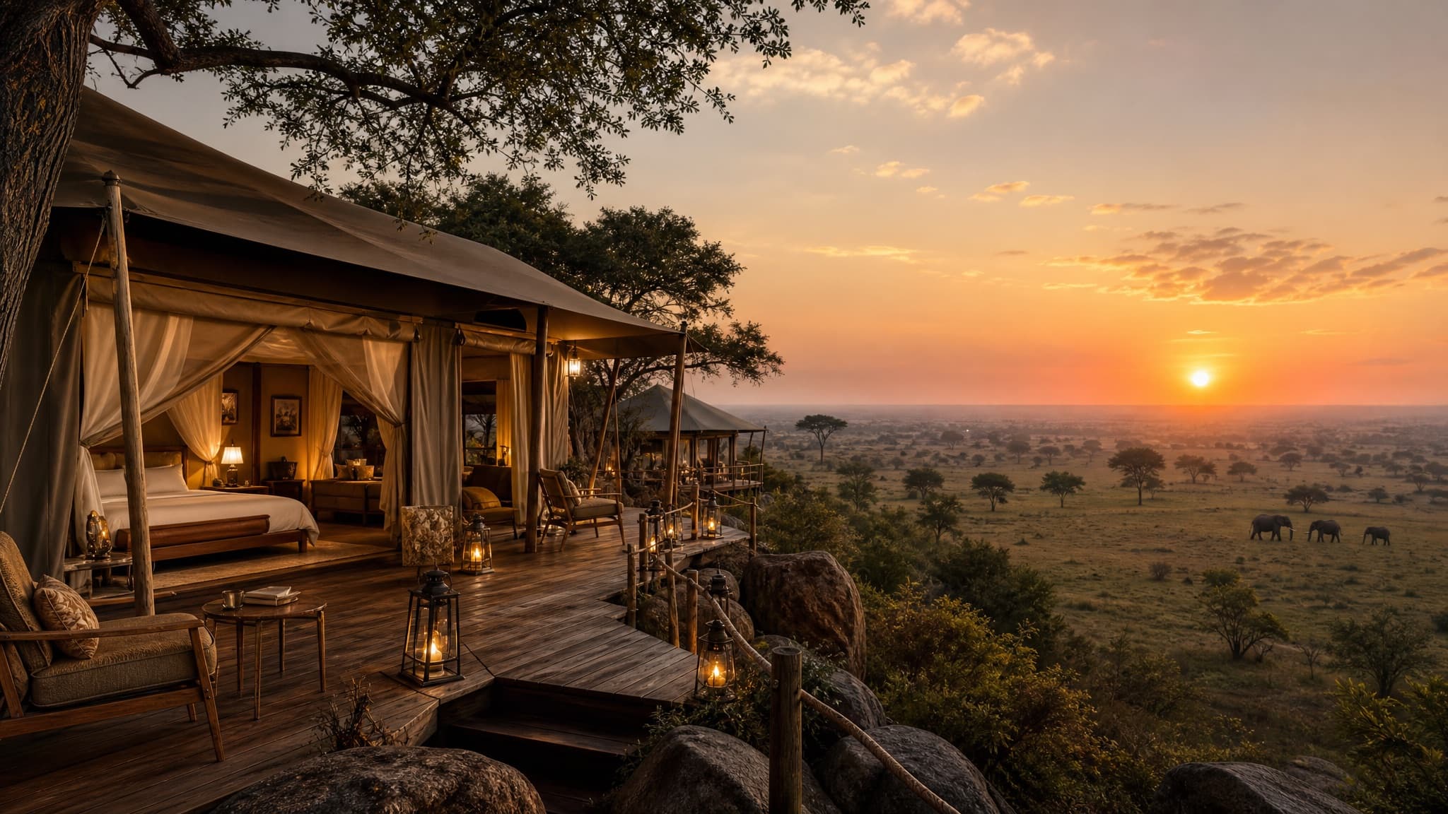 Kenya — Balloon-lit savanna, big-cat game drives and a camp deck facing the herd
