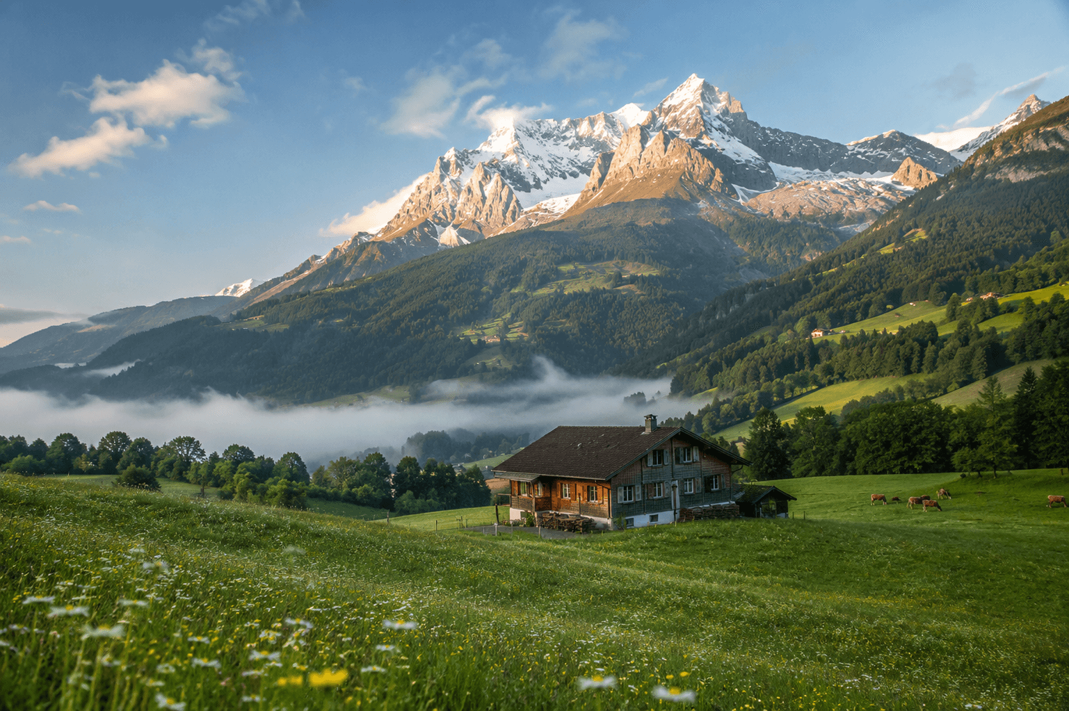 A wooden chalet in an alpine meadow below snow-capped peaks in the Bernese Oberland
