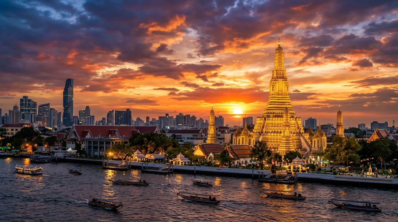 Thailand — Gold-spired temples, river life and a rooftop skyline after dark