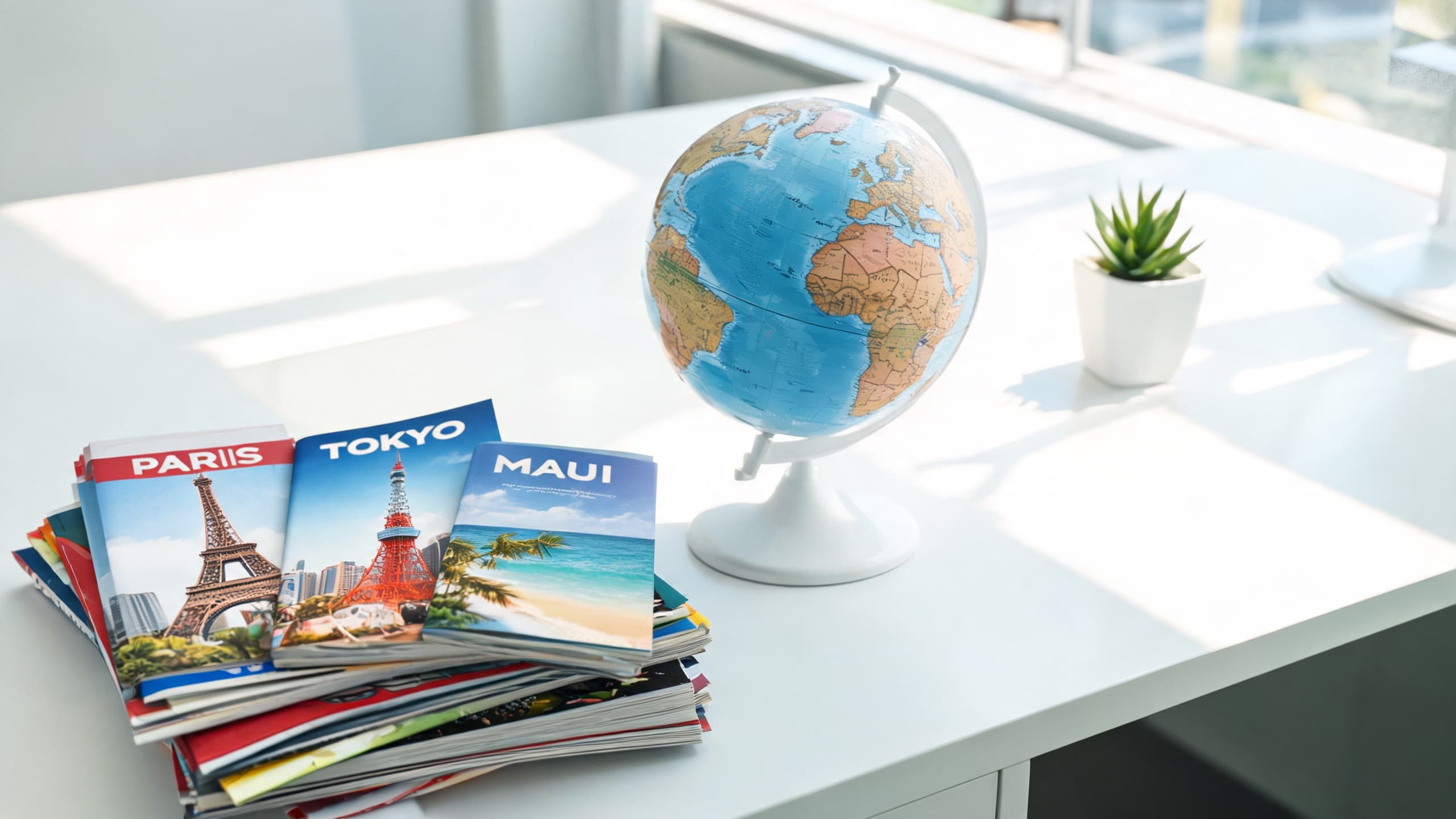 A globe and a stack of travel guides on a sunlit desk