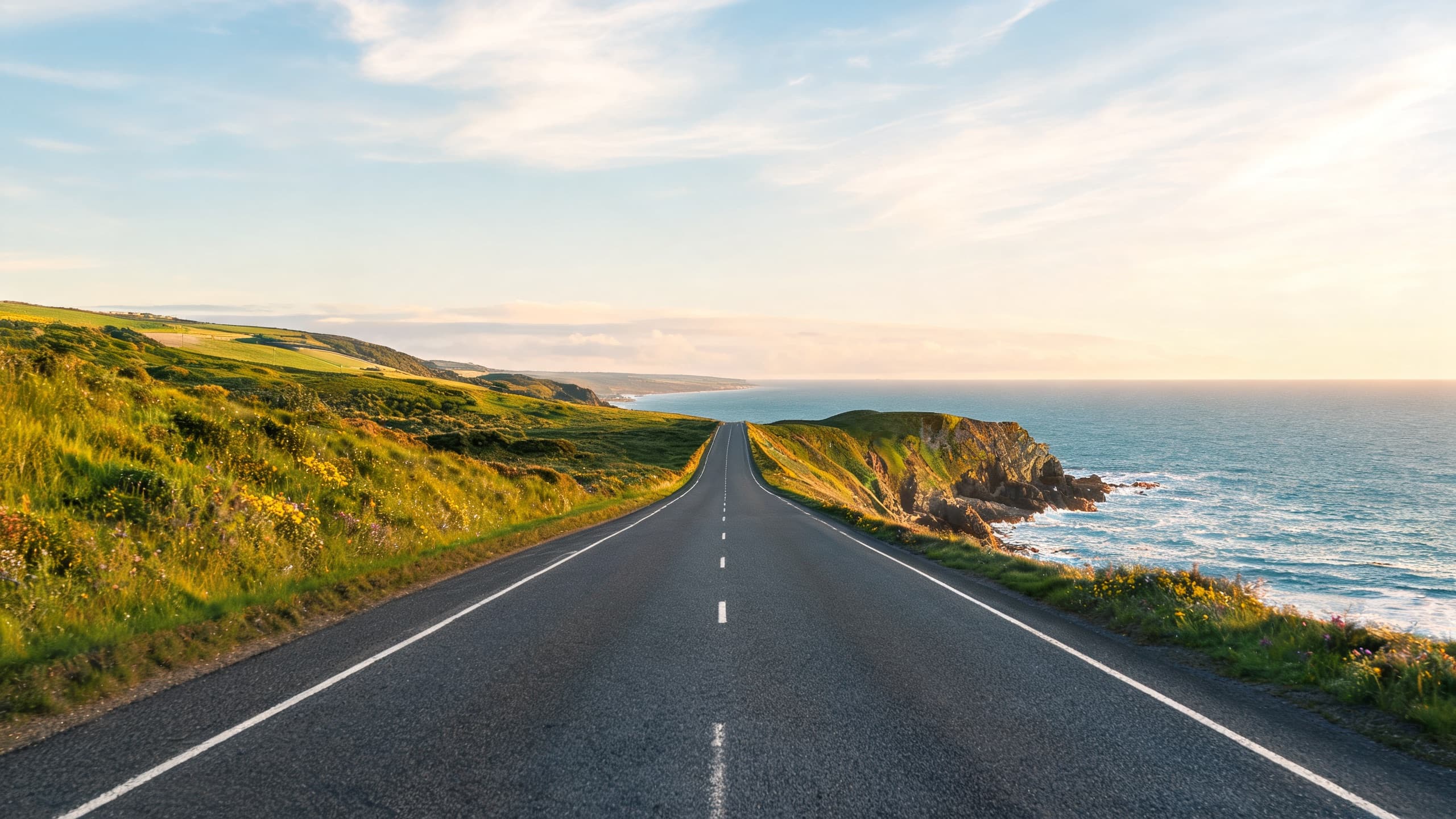 An open coastal road, the sea alongside it
