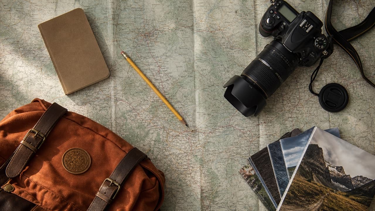 A map, notebook and camera laid out while planning a route